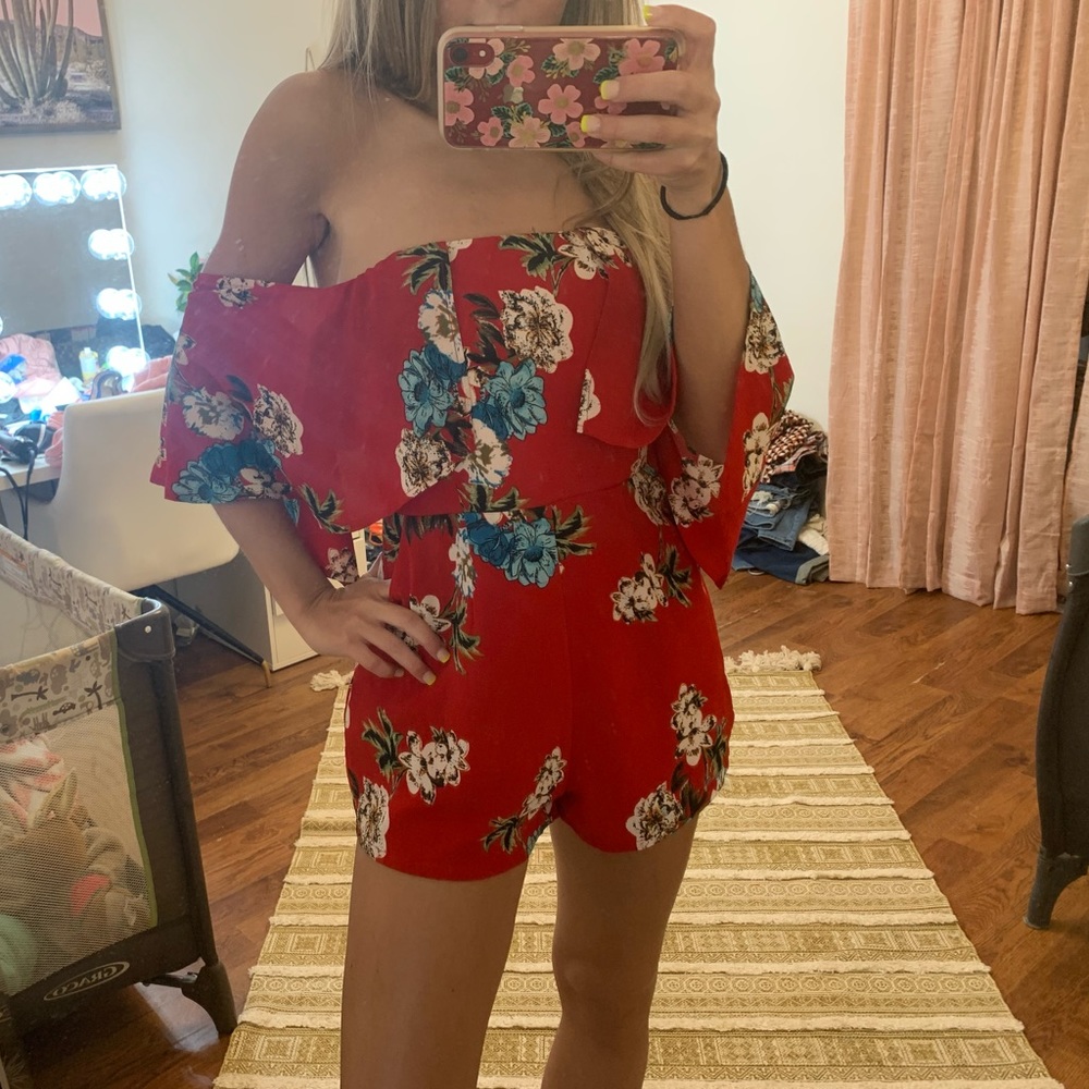never worn red floral off the shoulder romper